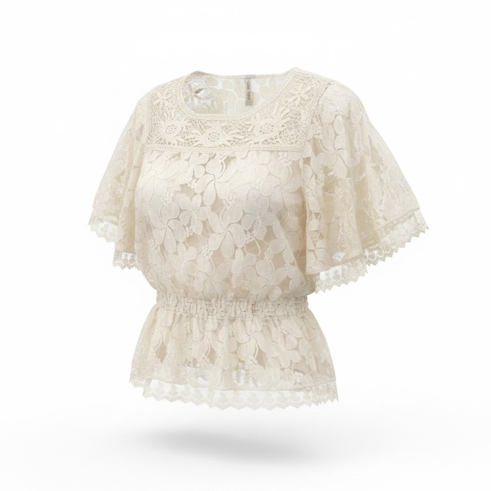 Endless Designs Cream Floral Lace Peplum Top Flutter Sleeve Crochet Yoke XL